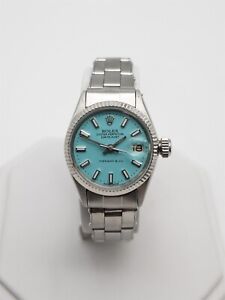 Vintage ROLEX DATEJUST BLUE Tiffany & Co SS 18k White Gold Ladies Watch SERVICED