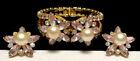 Hattie Carnegie Set Signed Gilt Alexandrite R/S Pearl Clamper Bracelet Earrings