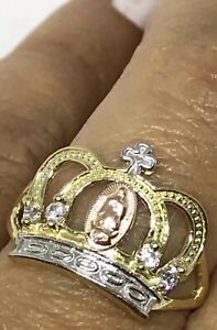 GOLD 14k Ring Crown cross virgin mary lady guadalupe solid cz siz 7 ask 5 6 8 9