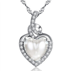 925 Sterling Silver Pearl Heart Pendant Necklace Jewelry Gifts for Women Her