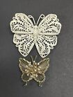 Vintage Signed MONET Butterfly Brooch Lot White Enamel and Gold Tone