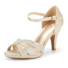 Women Ankle Strap Stilettos Low Heel Sandals Open Toe Wedding Dress Shoes GOLD