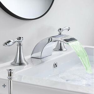 Chrome LED Waterfall Widespread Bathroom Sink Faucet 3 Hole 2 Handle with Drain