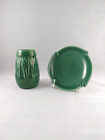 Vintage Midcentury 1951 Rookwood Pottery Emerald Green Vase 2592 & Ash Tray 7018