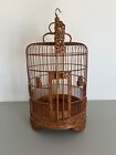 Lovely Vtg Lg Ornate Bamboo Chinese Bird Cage w/5 Porcelain Bowls See Notes