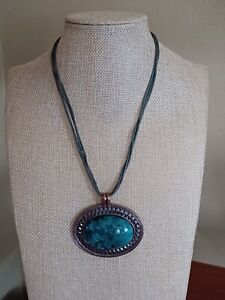 Vintage Lucite Granite Blue Turquoise Cabochon Copper Pendant Necklace