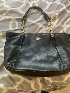 COACH Black Leather Tote Handbag With Accent Chain On Strap/ Bag