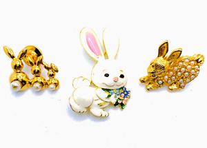Vintage Lot Of 3 Gold Tone Bunny Rabbit Lapel Pin Brooch Easter Avon Signed
