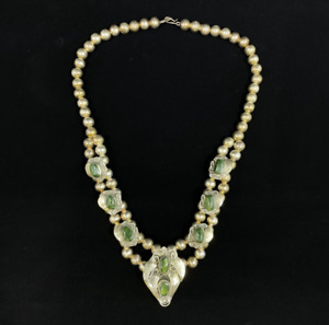 Vintage Navajo Squash Blossom Style Malachite Silver Necklace