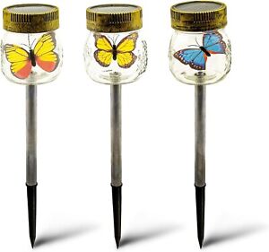 Butterfly Glass Jar Stake Lights 3-pack Solar Powered LED Waterproof Outdoor 1yr