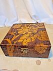 Antique Wooden Flemish Pyrographic Art Box Grapes & Flowers 6X6