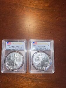 2021 Type 1 and Type 2 Silver Eagle Set PCGS MS70 1st Strike Flag Label