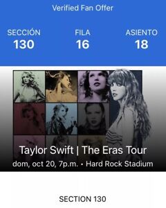 2 Tickets Taylor Swift Eras Tour, 10/20/24 Miami, FL Price for BOTH, SECTION 130