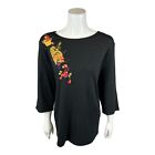 Quacker Factory Women's Embroidered 3/4-Sleeve Top with Charm Black 2X Plus Size