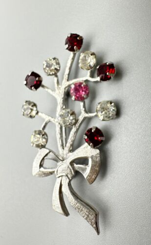 Vintage Sterling Silver Flower Bow Tied Bouquet Brooch Pink Red White Stones TK