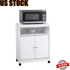 Rolling Microwave Cart Stand Cupboard Cabinet Storage Shelf Door Kitchen White