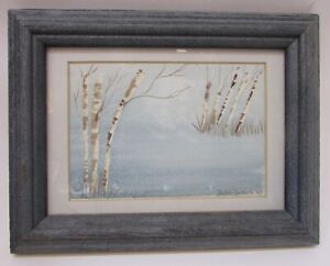 Vintage 1993 Framed Signed Bobbi James Small 4x6 Painting Winter Birch Poplar