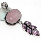 925 Silver Plated-Rose Quartz Pink Kunzite Ethnic Long Pendant Jewelry 3