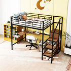Metal Loft Bed w/Desk Wardrobe Storage Shelves Staircase Full Size Bed Frames