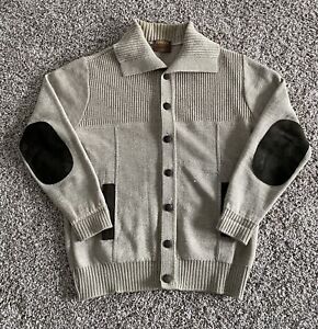 Vintage Tundra 100% Wool Knit Cardigan Sweater Button Up Leather Elbow Pad