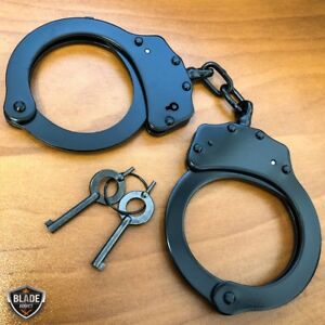 REAL Police Handcuffs DOUBLE LOCK Professional BLACK STEEL Hand Cuffs w/ Keys