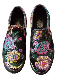 Vans Shoes Womens 7.5 Slip On Festival Satin Black Embroidered Flowers Sneakers