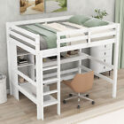 Full Size Loft Bed with Multifunction Shelves and Under-bed Desk, White