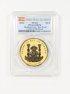 2021 €1.5 Spain Doubloon Lynx 1 Oz Gold PCGS PR70 First Day of Issue Rev Proof
