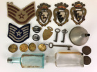 Junk Drawer Assemblage Supply Antique Bottles Miliary Patches Buttons Key Penny