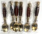 Vintage 1950's Asian Thailand Brass and Rosewood Inlay Demitasse Spoons Set 6