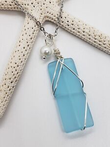 Sea Glass Necklace Jewelry w/ Aqua Blue Rectangular Pendant Wire Wrapped