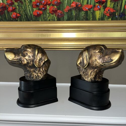 Vintage Pair of Dog Head Bookends Metal Antique Brass  Bronze Finish  Retrievers