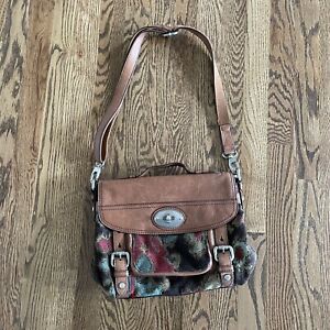 FOSSIL Women Maddox Tapestry Carpet Bag Satchel Multicolor tan leather crossbody