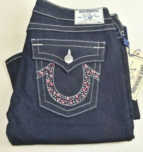 $215 NEW True Religion Jeans Joey PINK CRYSTALS  Bodyrinse Flared Navy 27 31