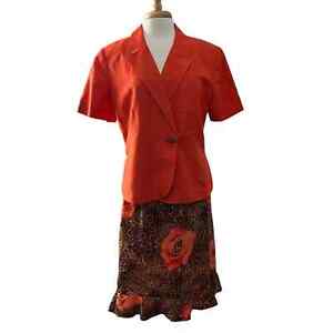 Le Suit Collections 2 pc Skirt Set Suit Blazer Women's 18 Orange Brown Floral