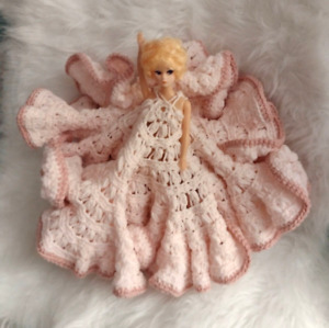 Barbie Size Dress Vintage Fashion Doll with Pink Crocheted Ballgown