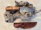 Large  Damascus Hunting knife with nice wood stocks in handmade leather sheath