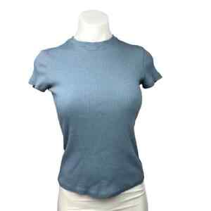 Theory Tiny Tee Blue Ribbed Knit Short Sleeve Cotton Fitted T-Shirt Top Size S