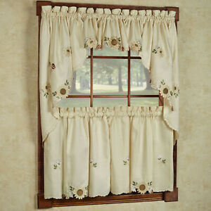 Sunflower Cream Embroidered Kitchen Curtains - Tiers Valance or Swag