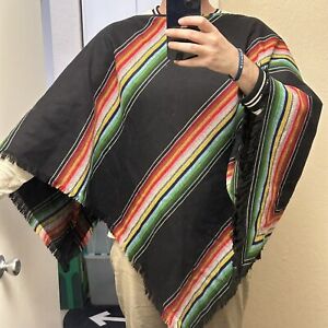 Authentic Black Multi Mexican Blanket Ponchos Sarapes Mexicanos Adult Size L/XL