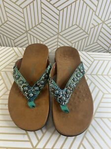 Vionic Orthaheel Floriana Embellished Turquoise Flip Flops Sandals Women's 9