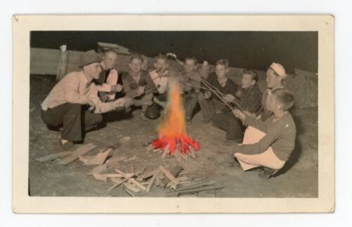New Listing# 3 OLD TINTED PHOTO SUMMER FUN BOY SCOUTS 1940 WOODS WEENIE ROAST BSA SNAPSHOT