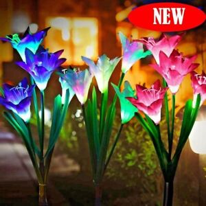 2 pack Solar Power Lily Flower 4 LED Lights Garden Stake Lamp Yard Outdoor Decor
