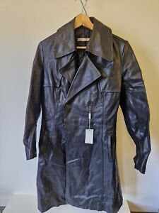 ladies Please black Leather jacket trench coat long size S Italian goth