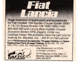 BAYLESS FIAT LANCIA Parts 124 Spyder X 1/9 Cars 1988 Vintage Print Ad Original