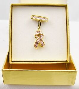 Estee Lauder Gold Tone Charm / Brooch - Pink Breast Cancer Ribbon