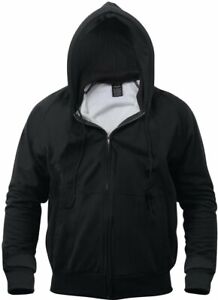 Mens Black Solid Thermal Lined Full Zip Hoodie Sweatshirt