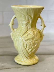 McCoy Vintage Pottery Yellow Bird of Paradise Vase Double Handle 8