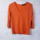 Magaschoni Womens XS Cashmere V-Neck Sweater Orange Back Zip 3/4 Sleeve