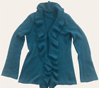 Magaschoni Cashmere Sweater Dark Blue Ruffled Open Front Cardigan Soft Medium
